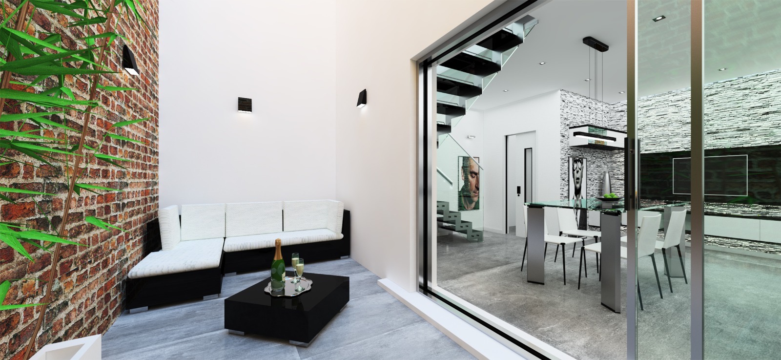 Courtyard terrace with brick wall and seating looking back into the dining space
