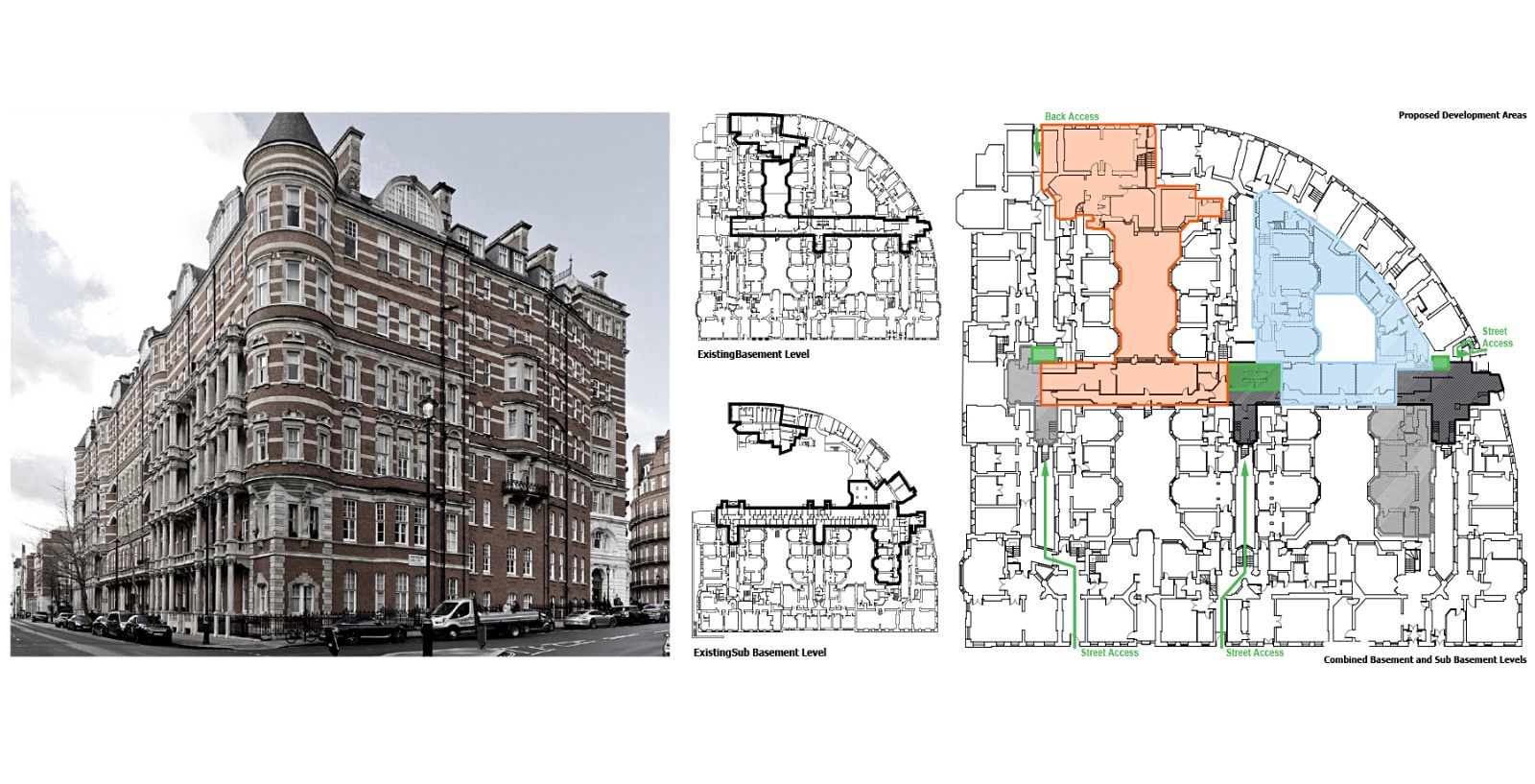 Albert Court street elevation with existing basement and sub-basement plans