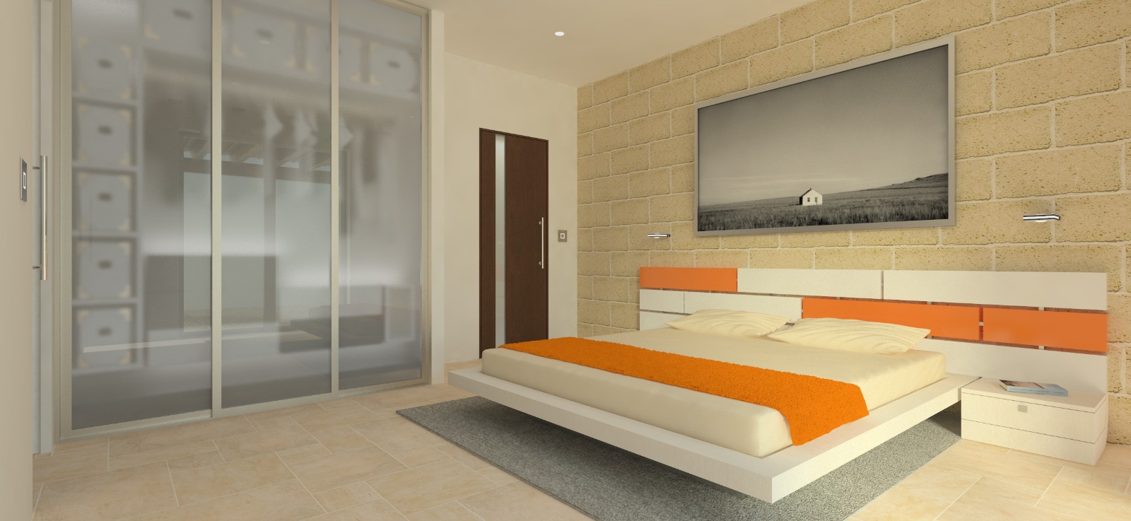 Guest bedroom with stone feature wall and glazed wardrobe