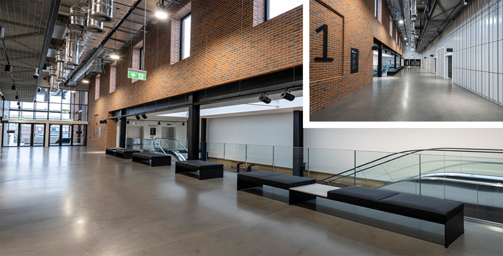 Completed concourse with exposed services, brickwork and escalators