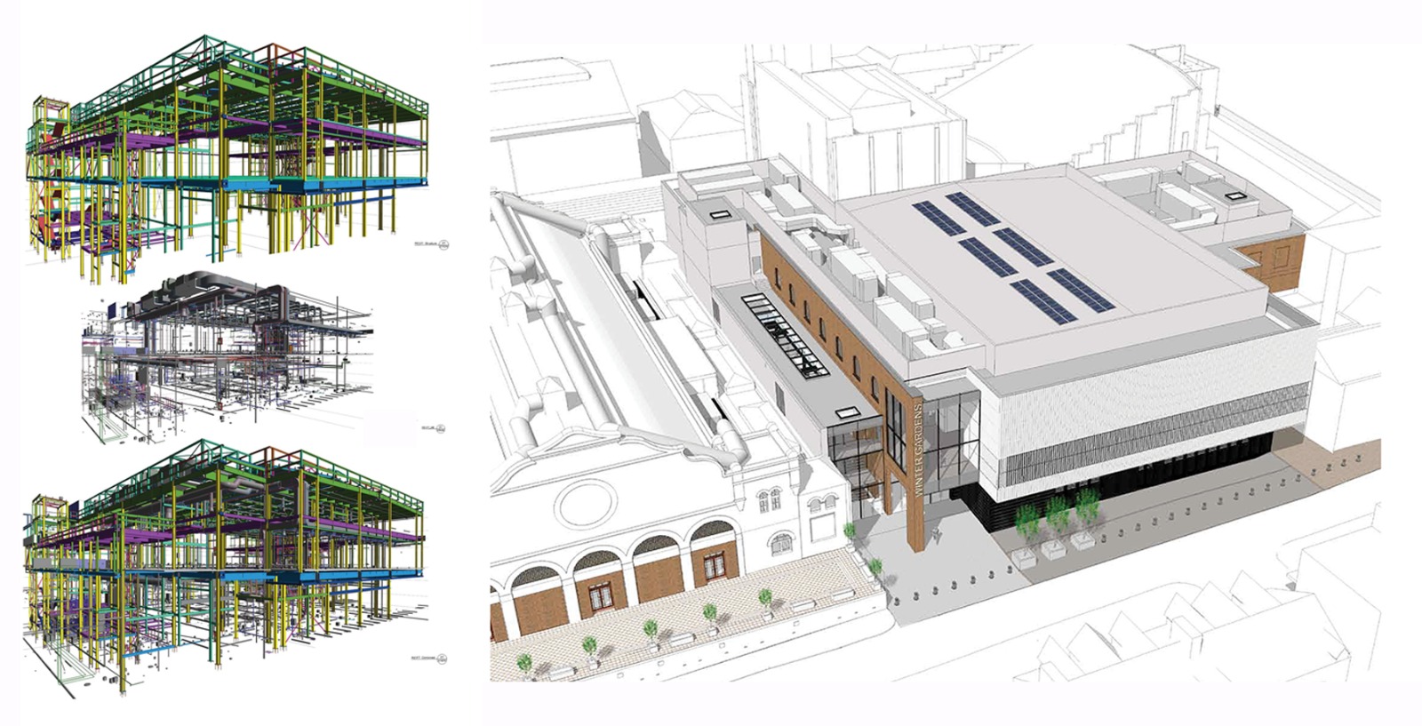 BIM structural and services models alongside massing study of the venue