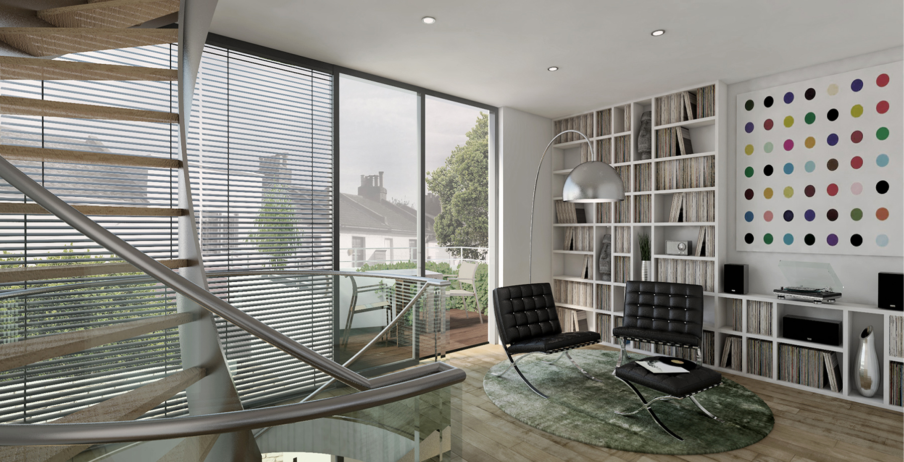 Mezzanine library with Barcelona chairs and record collection
