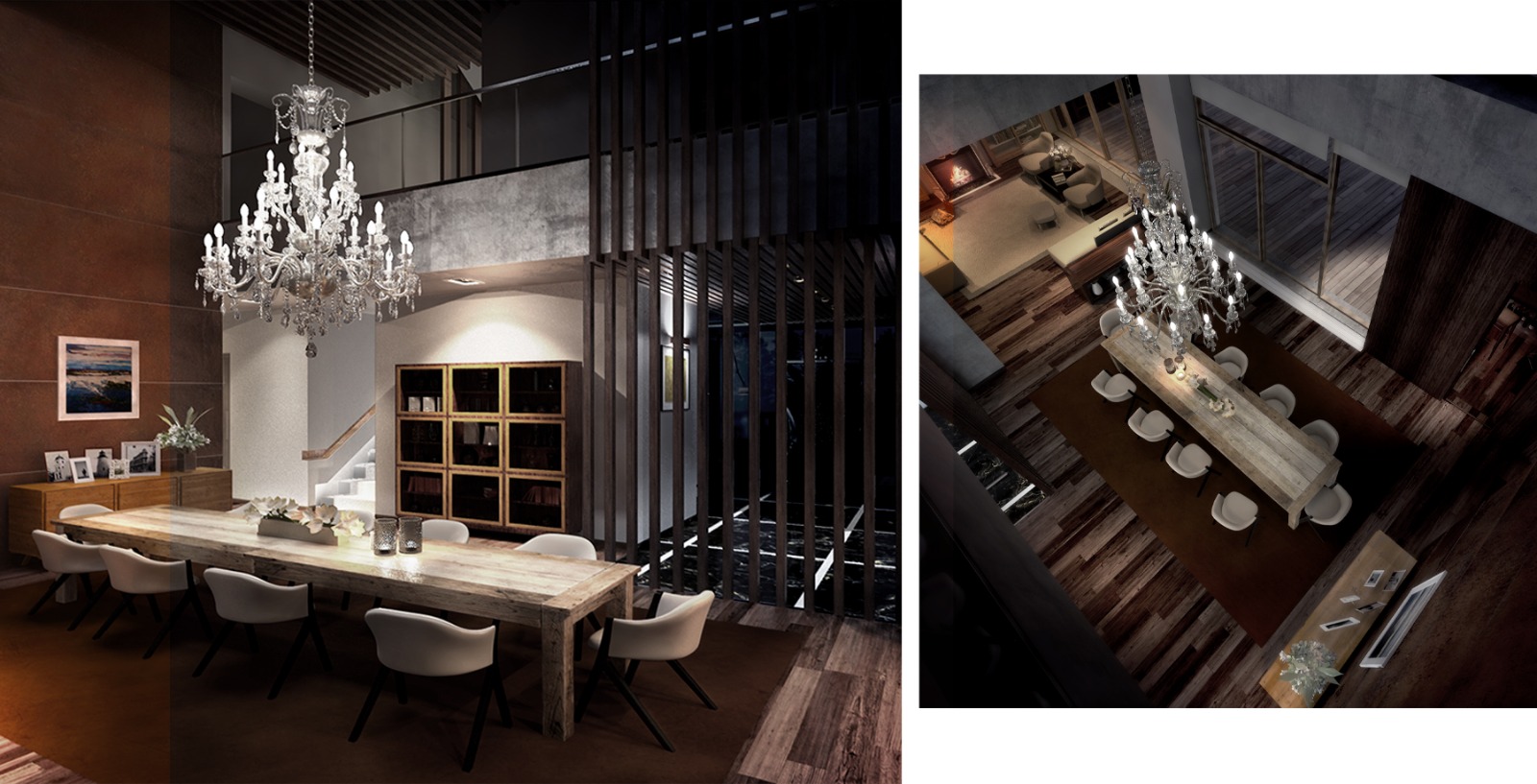 Double-height dining room with crystal chandelier and reclaimed timber table