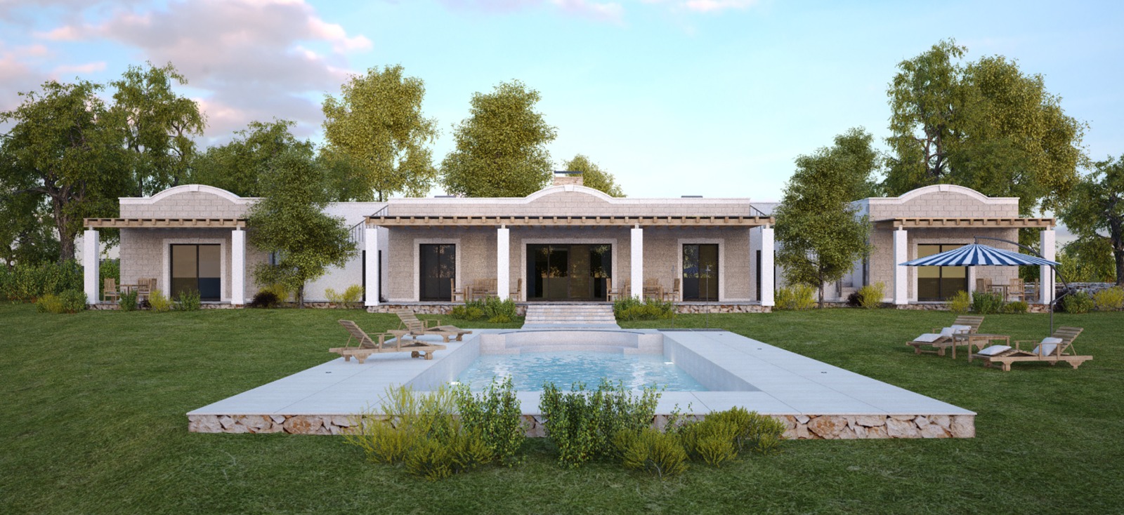 Symmetrical villa elevation with swimming pool and terraces
