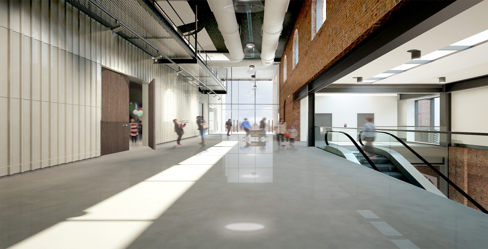 Upper foyer visualisation with daylight, brickwork and circulation