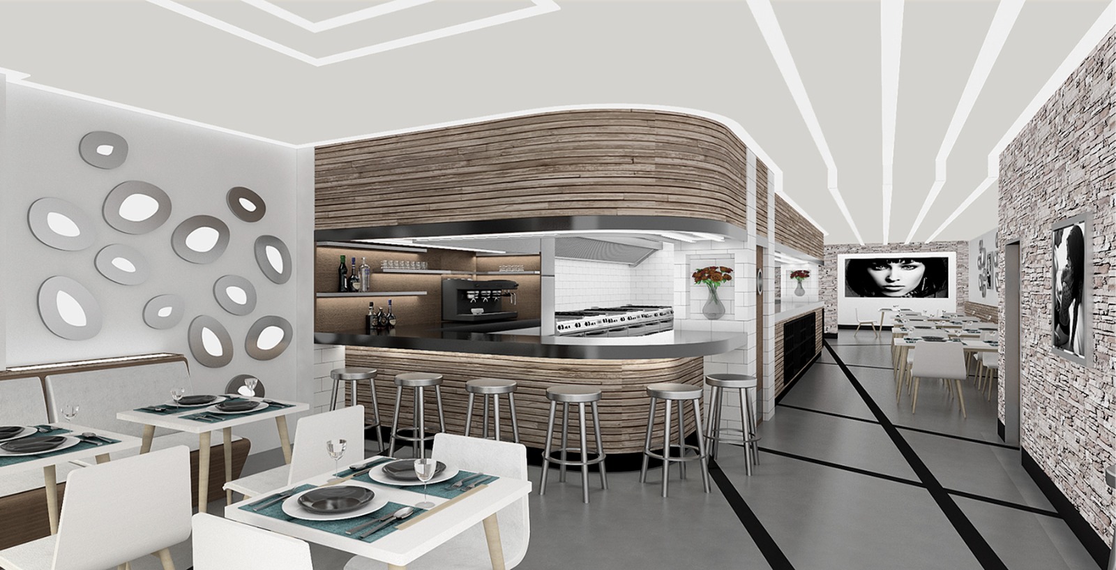 Wandsworth restaurant interior with bespoke joinery and open kitchen