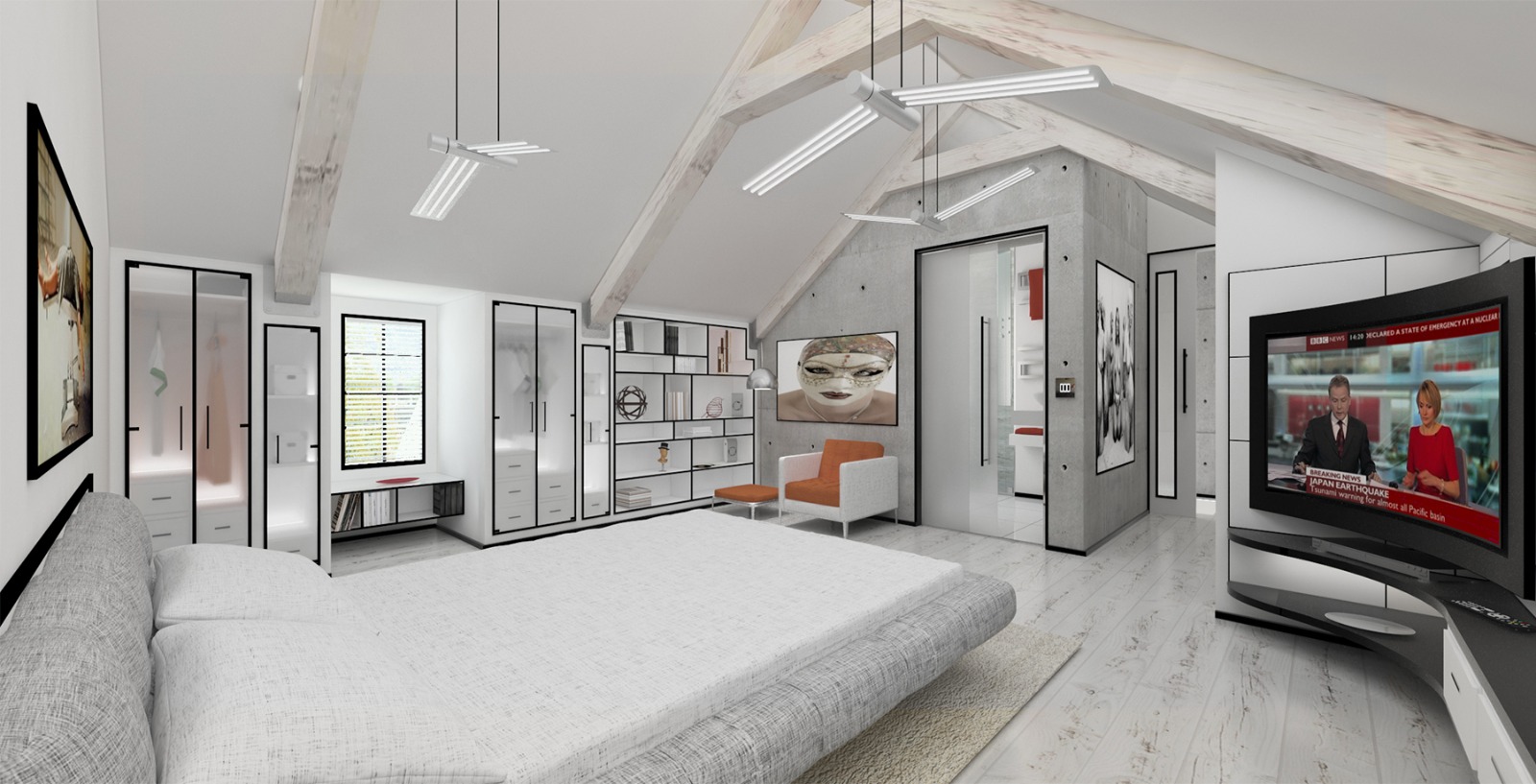 Loft bedroom with exposed timber trusses and fitted joinery