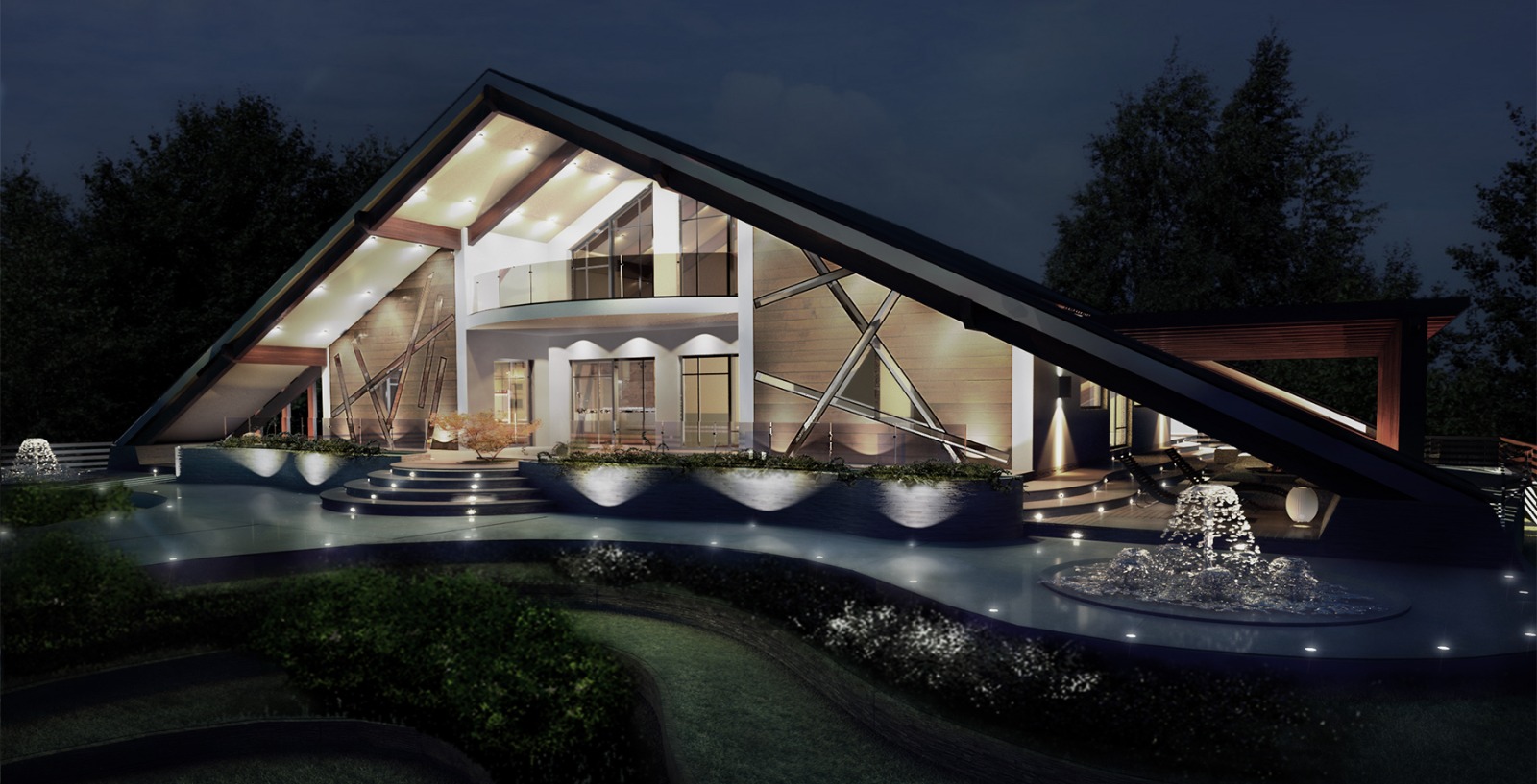 Wooden private residence exterior at dusk