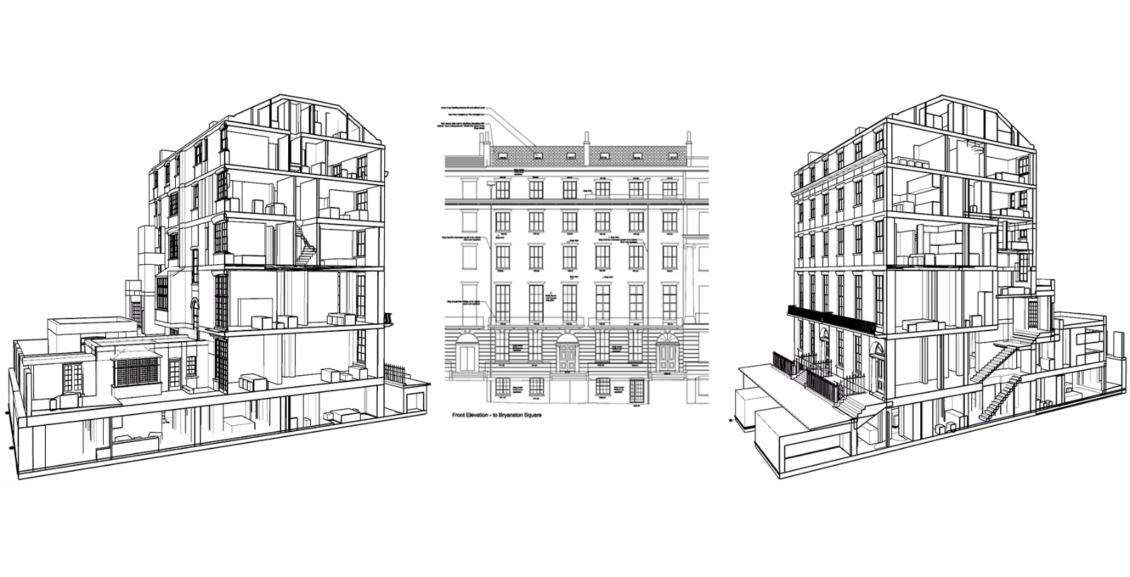 Building cutaway sections and front elevation to Bryanston Square