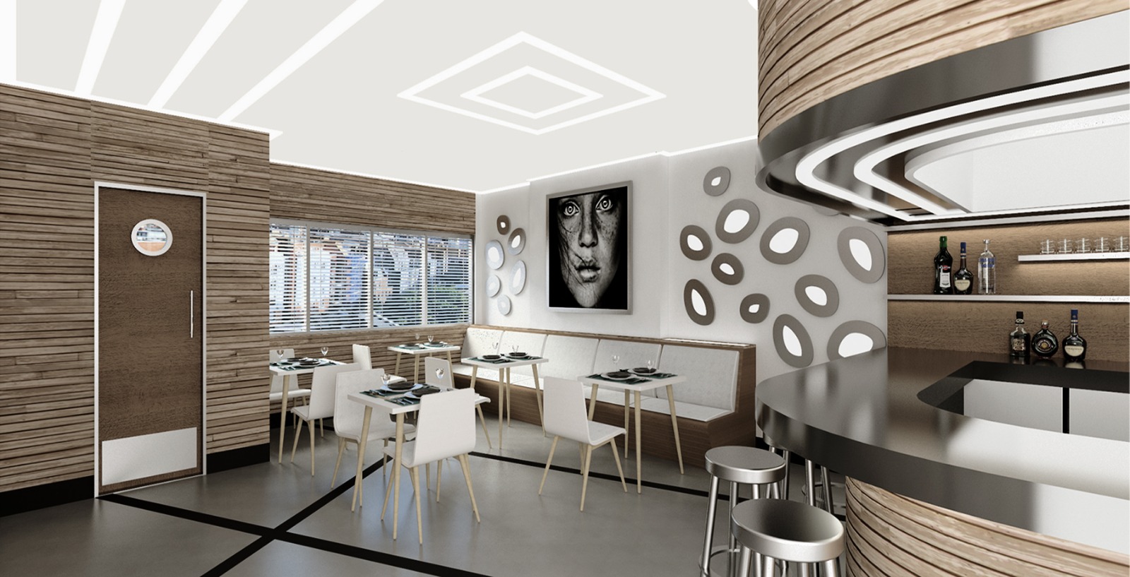 Banquette seating beside the curved timber bar and window