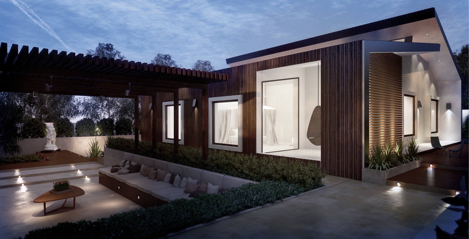 Timber-clad garden wing with pergola and sunken lounge at dusk