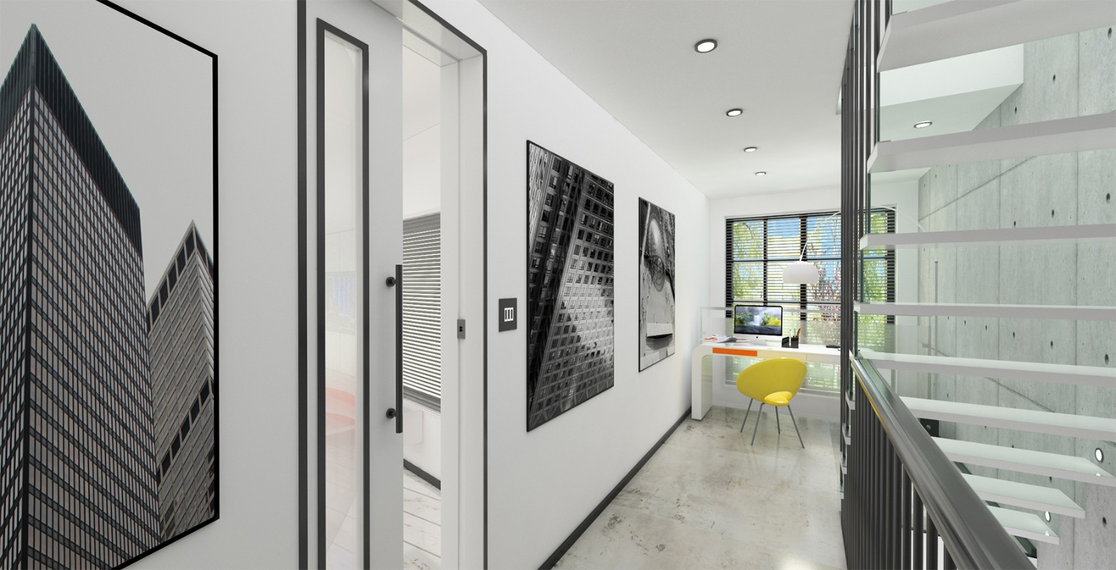 Upper hallway with study desk, artwork and glass stair balustrade