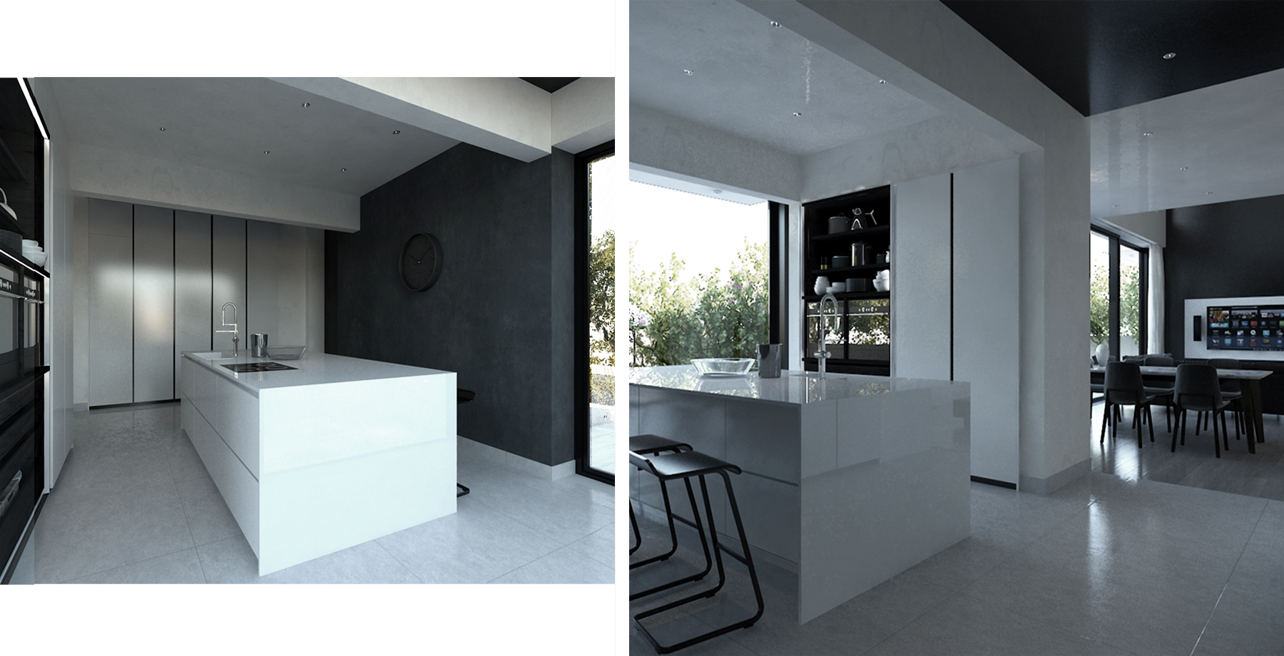 Minimal white kitchen island with dark contrast joinery