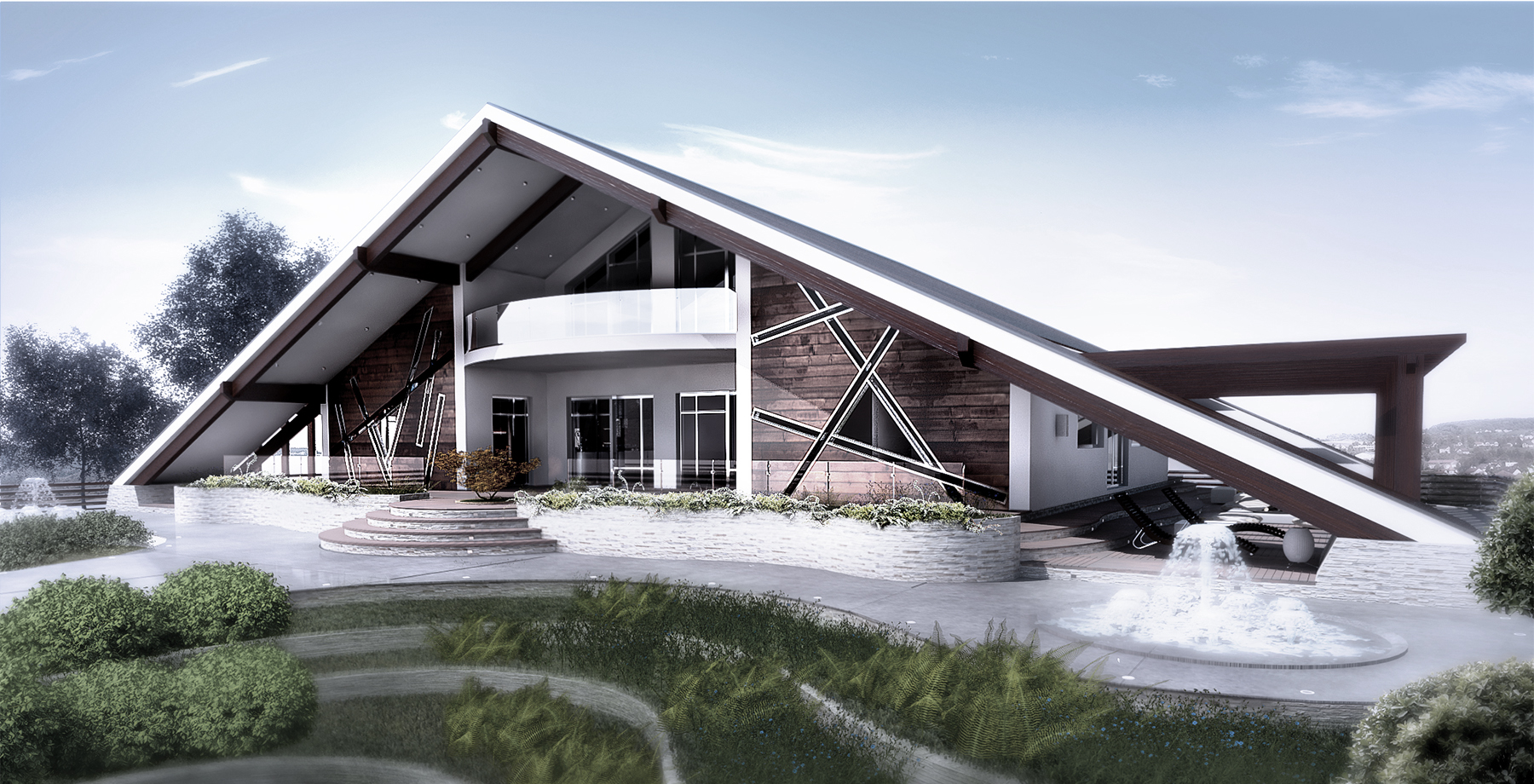 Triangular roof contemporary villa in woodland