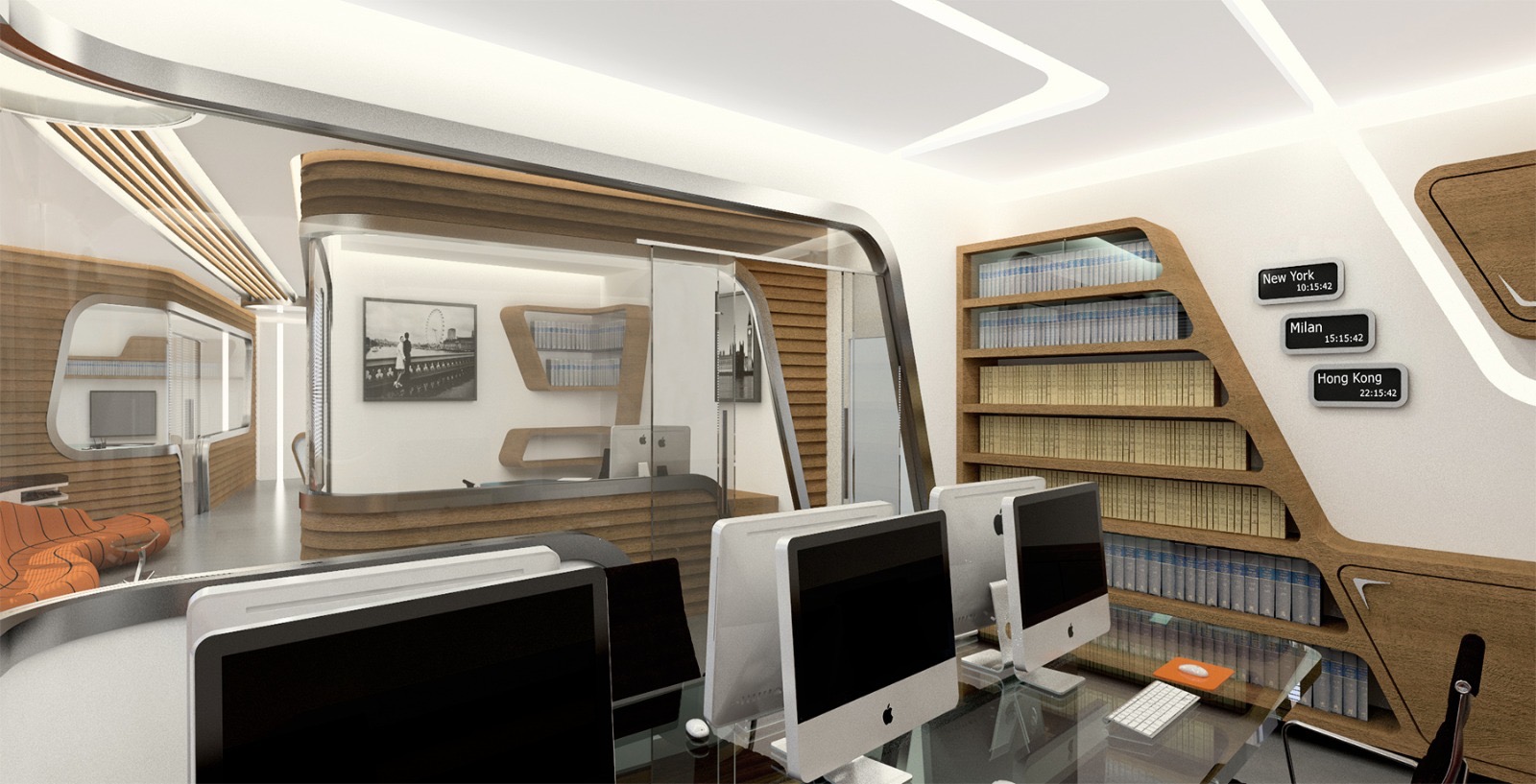 Open-plan workstations beside a sculpted timber library wall with world clocks