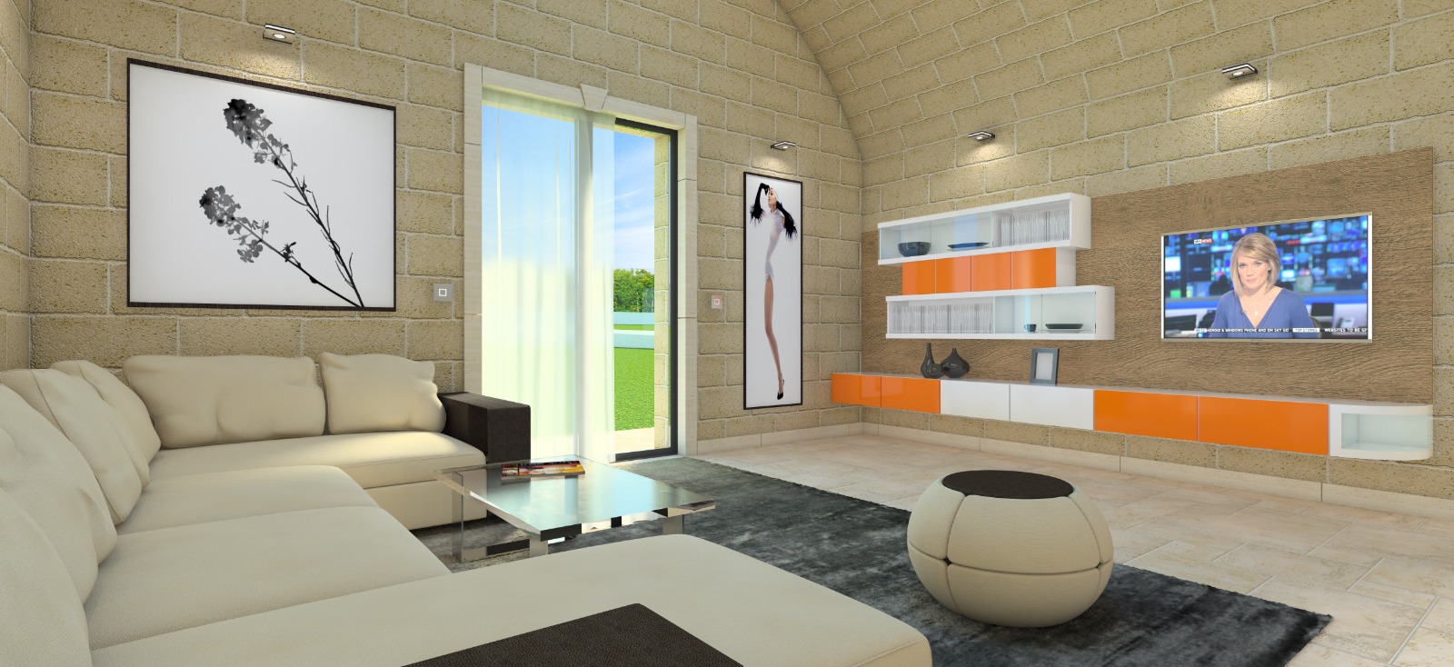 Living room with vaulted stone ceiling and garden doors