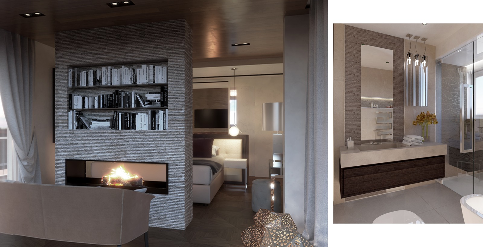 Principal bedroom with stone fireplace divider and adjoining bathroom