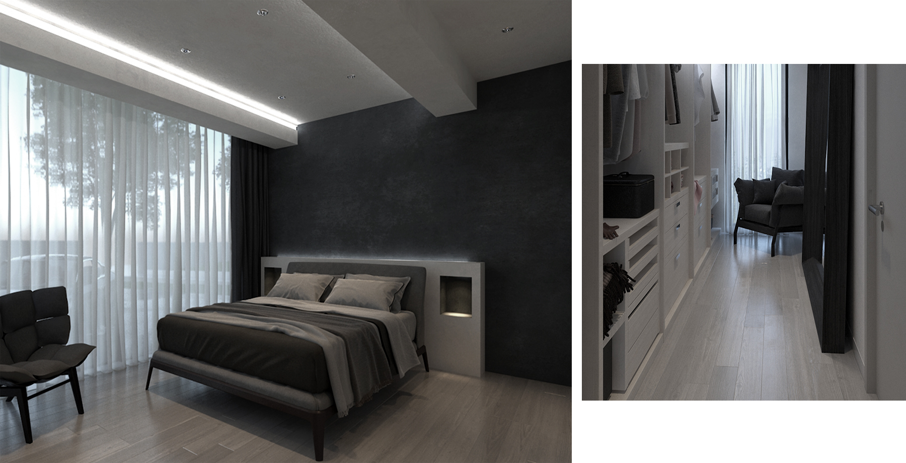 Master bedroom with dark accent wall and walk-in wardrobe