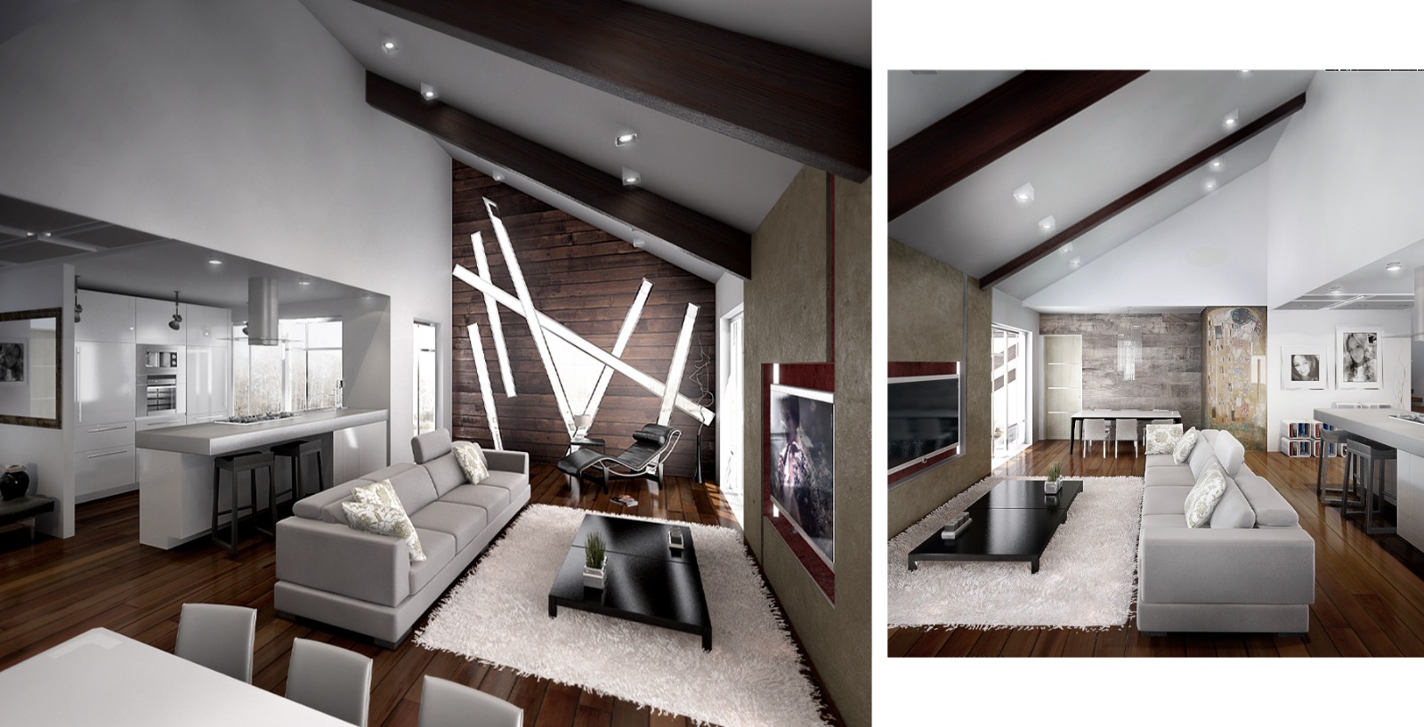 Open-plan living and kitchen under the timber roof