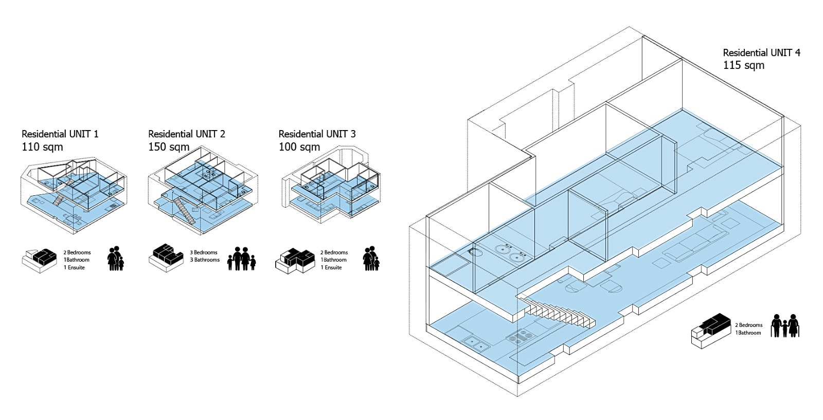 Axonometric studies of proposed residential units 1 to 4 with areas and occupancy