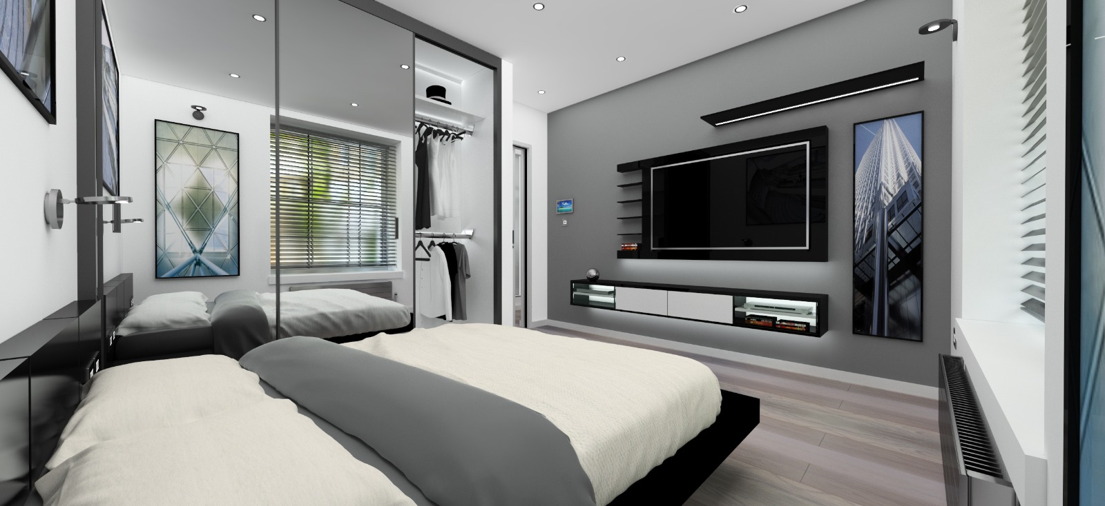 Bedroom with mirrored wardrobes and black media wall