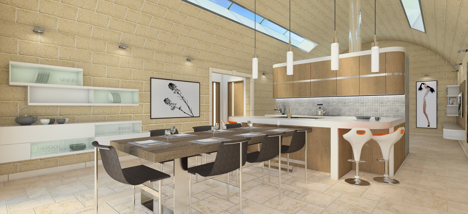 Vaulted dining and kitchen space with rooflight and stone walls
