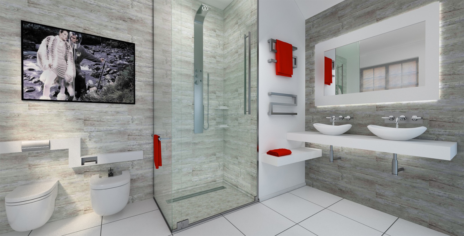 Bathroom with twin basins, walk-in shower and stone-effect tiling