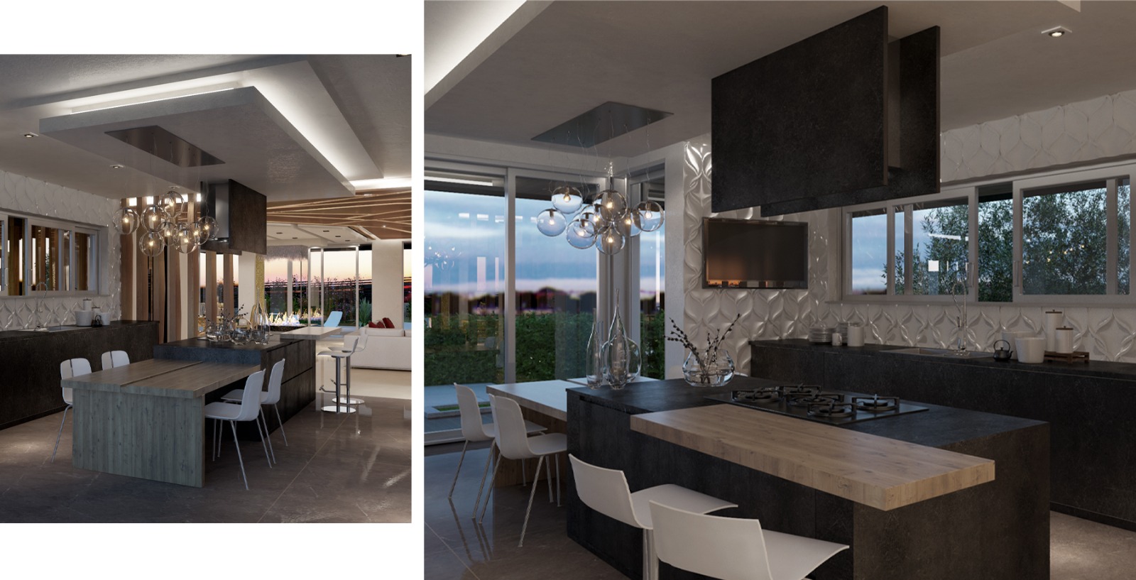 Open-plan kitchen and dining island with glass pendant lighting