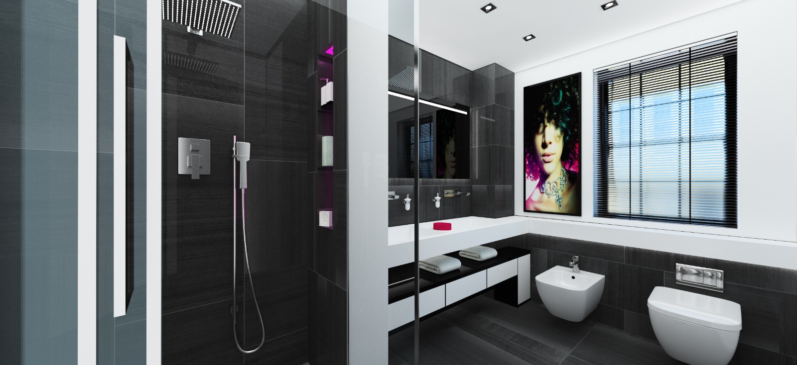 Dark tiled shower room with walk-in shower and twin basin vanity