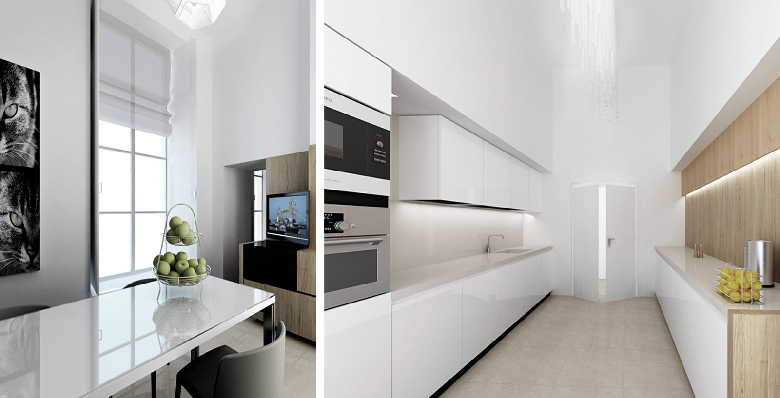 White galley kitchen with oak joinery
