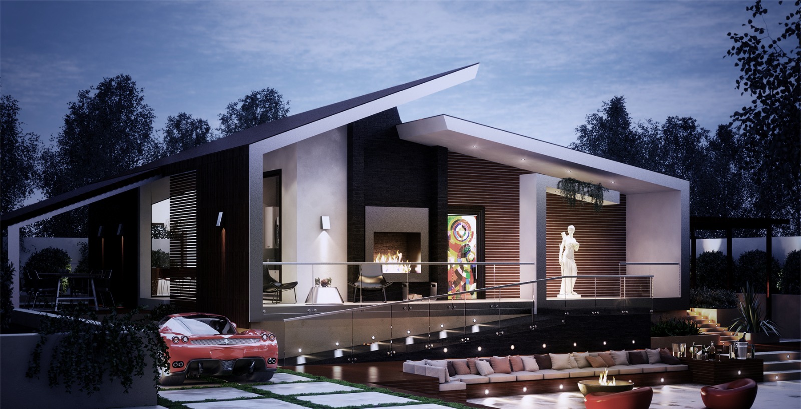 Timber and stone residence at dusk with terrace fireplace and sunken seating