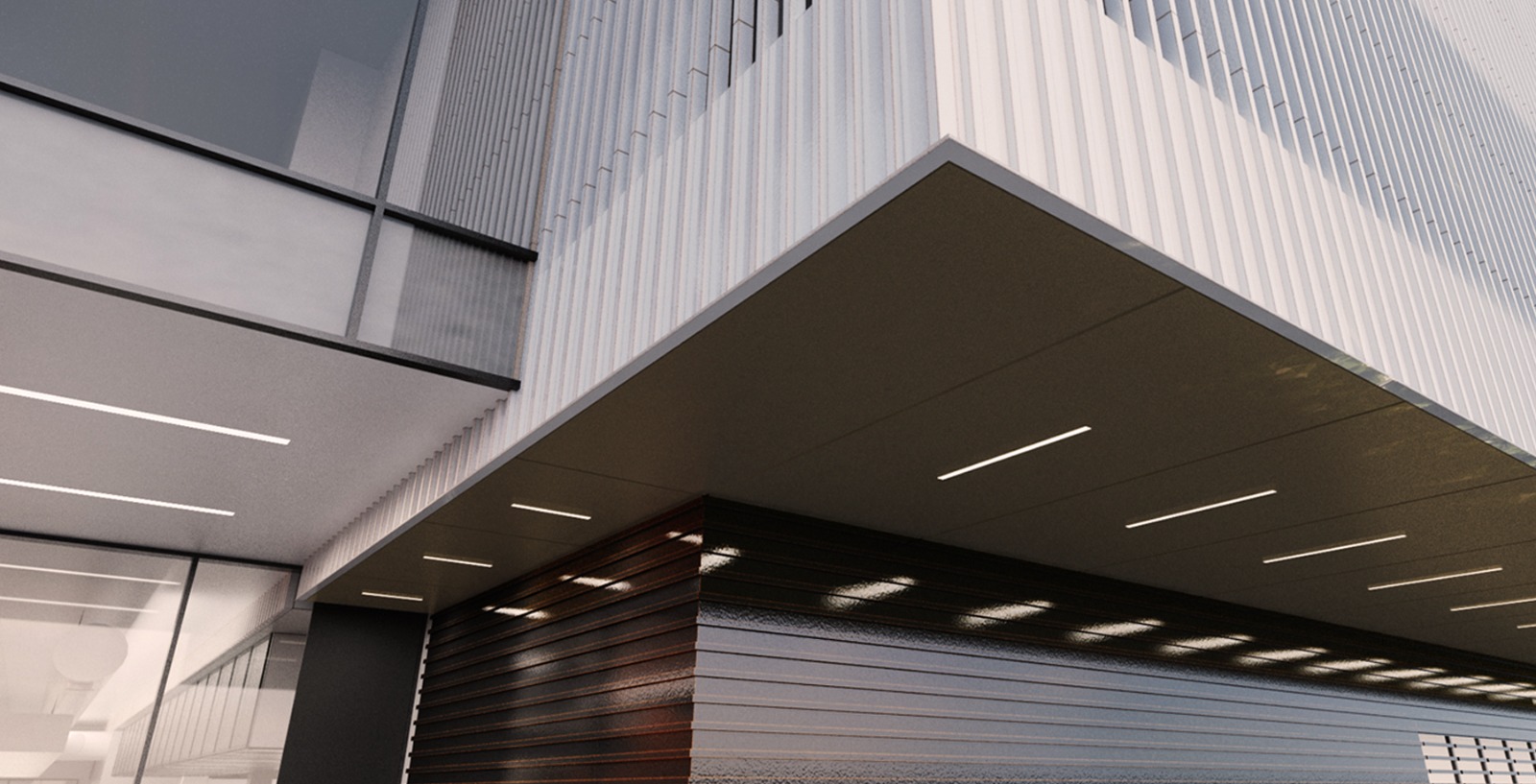 Detail of the entrance canopy soffit and profiled metal facade