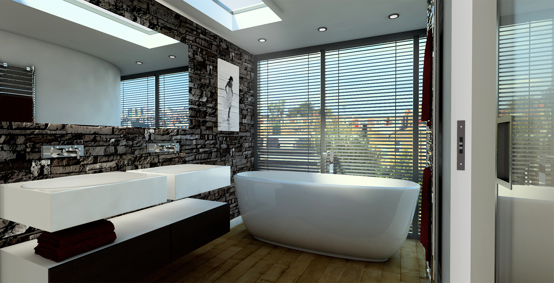 Master bathroom with freestanding tub and stone feature wall