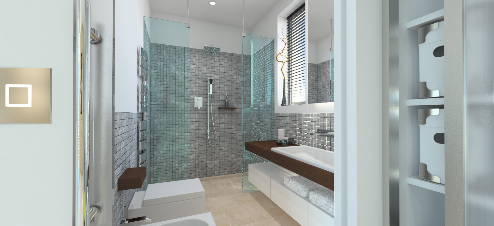 Mosaic-tiled bathroom with walk-in shower and timber vanity