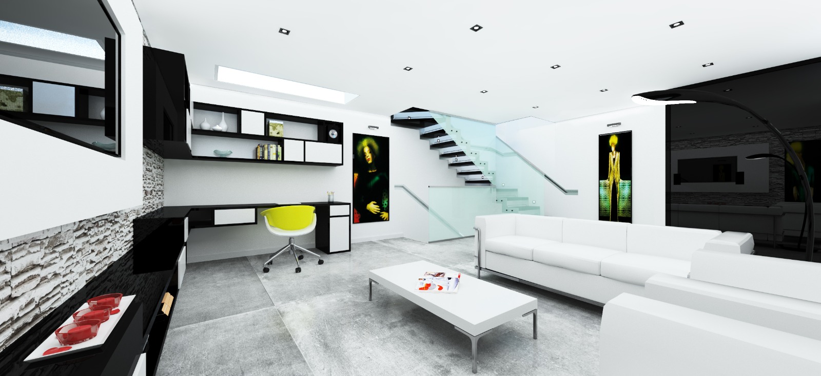 Living and study space with built-in joinery and open stair beyond