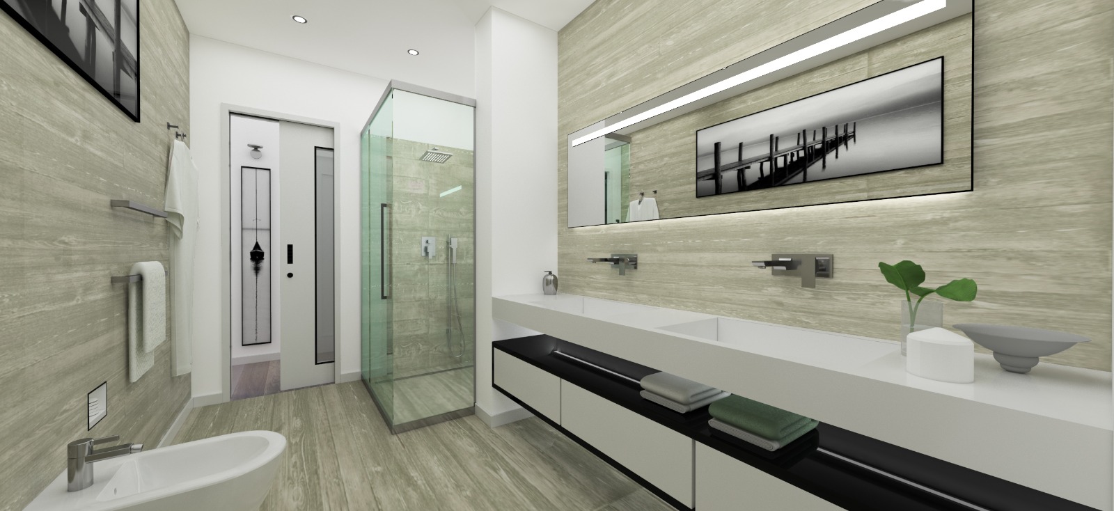Travertine bathroom with twin basins and walk-in shower
