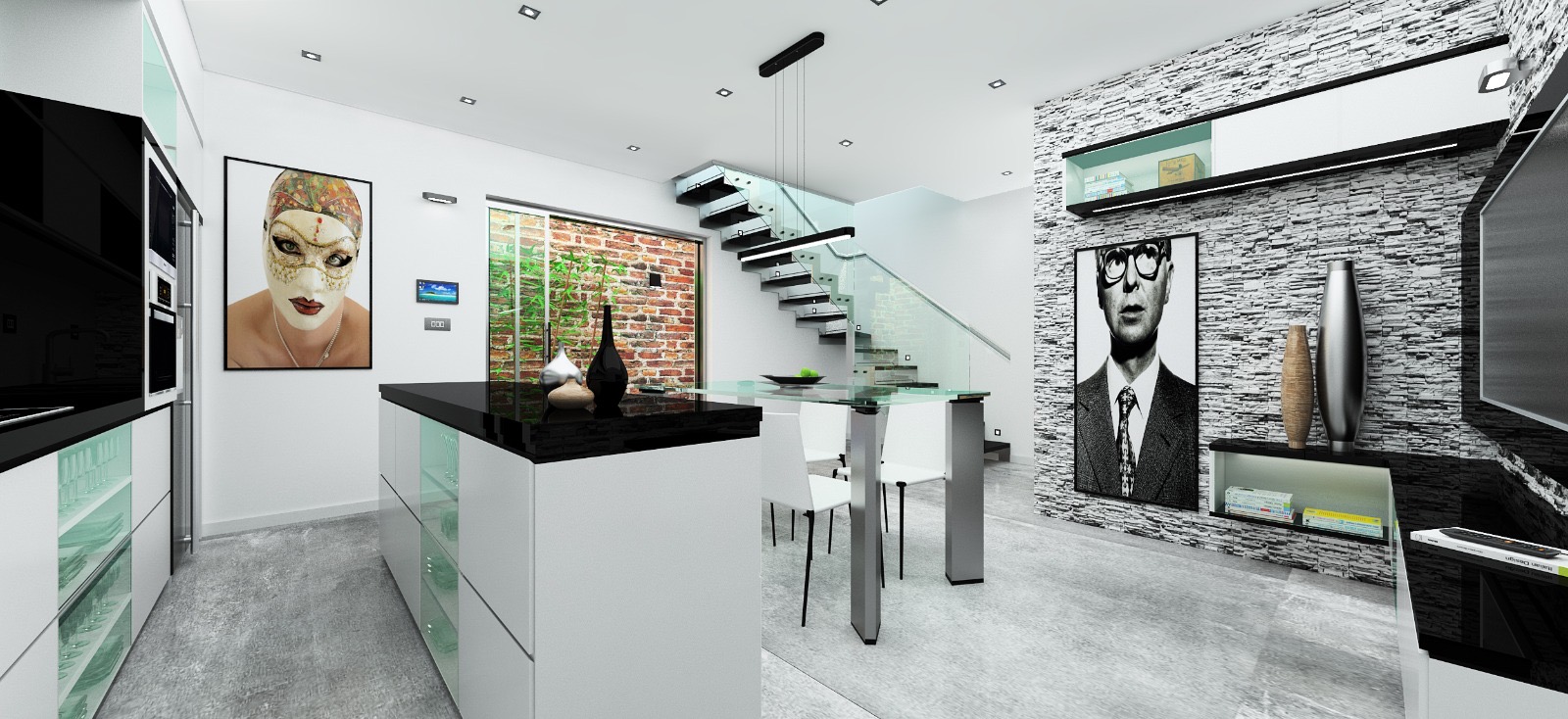 Kitchen and dining space with island, courtyard window and floating stair