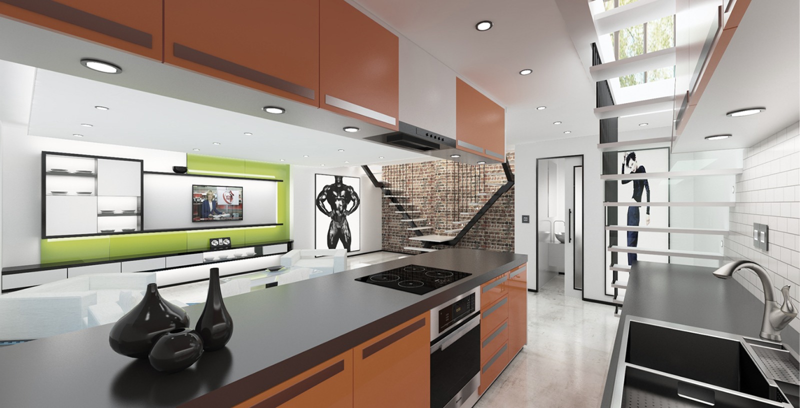 Galley kitchen with orange joinery and exposed brick stair core
