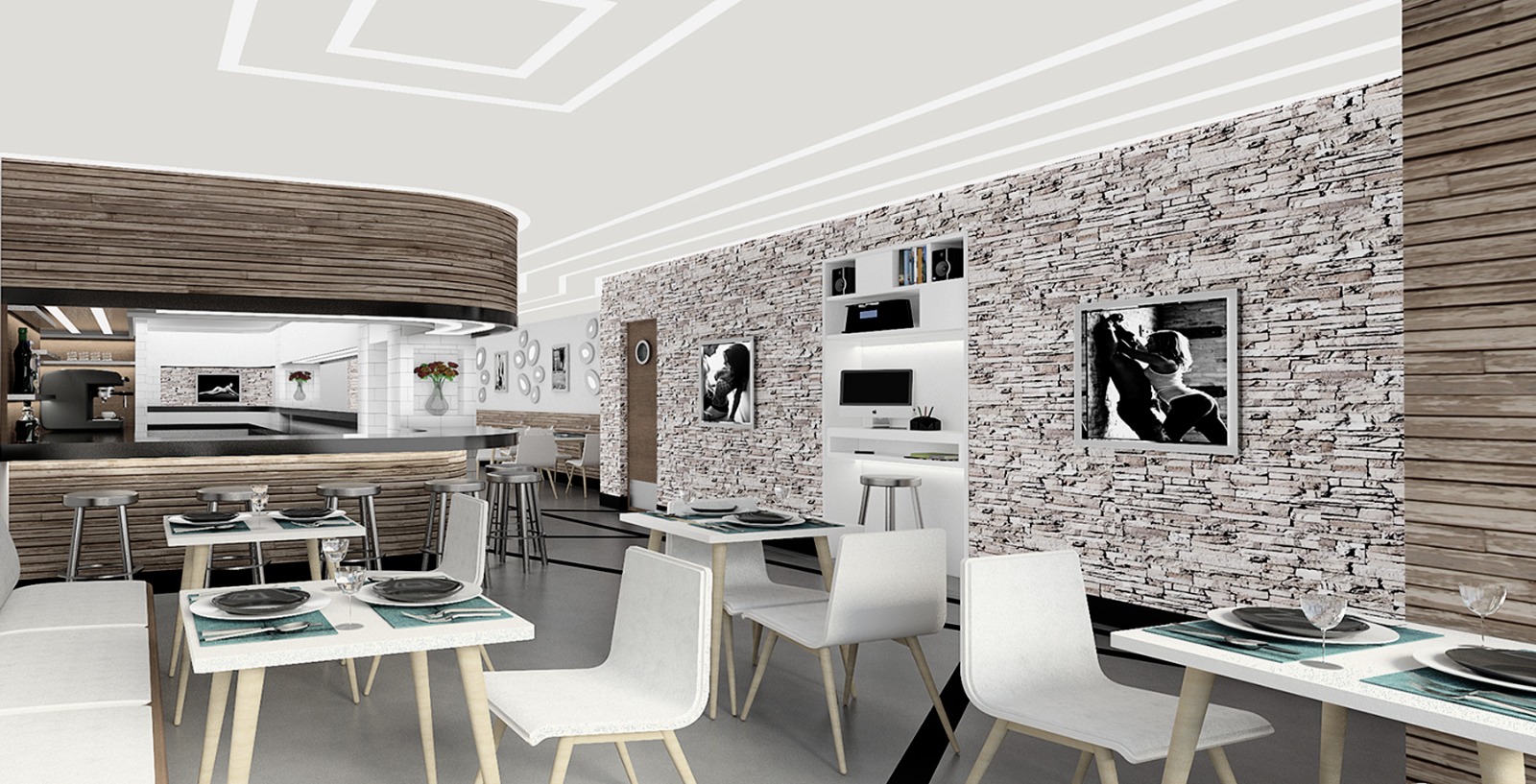 Dining tables against stone feature wall with service station