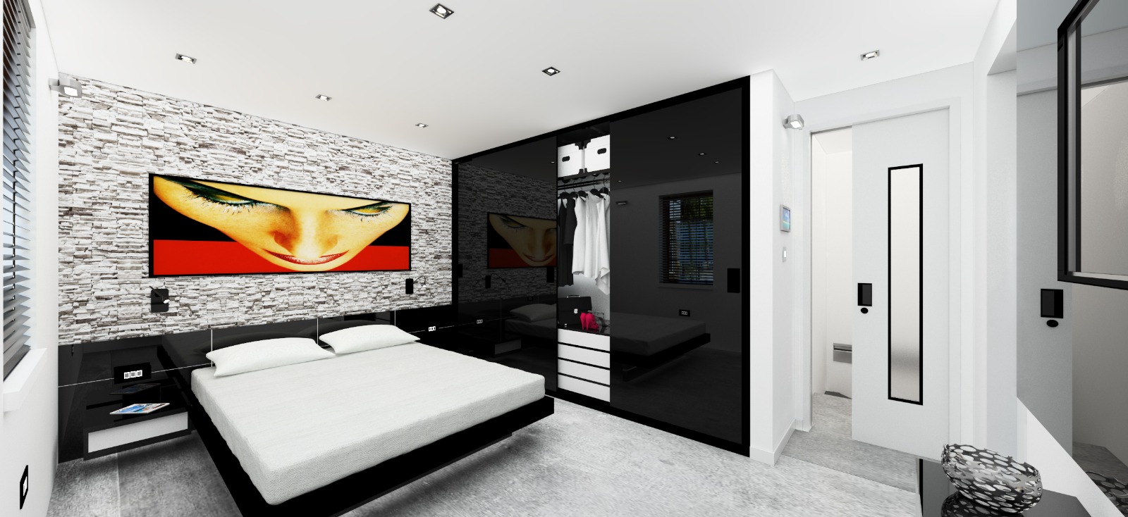 Master bedroom with stone feature wall, black gloss wardrobe wall and en-suite