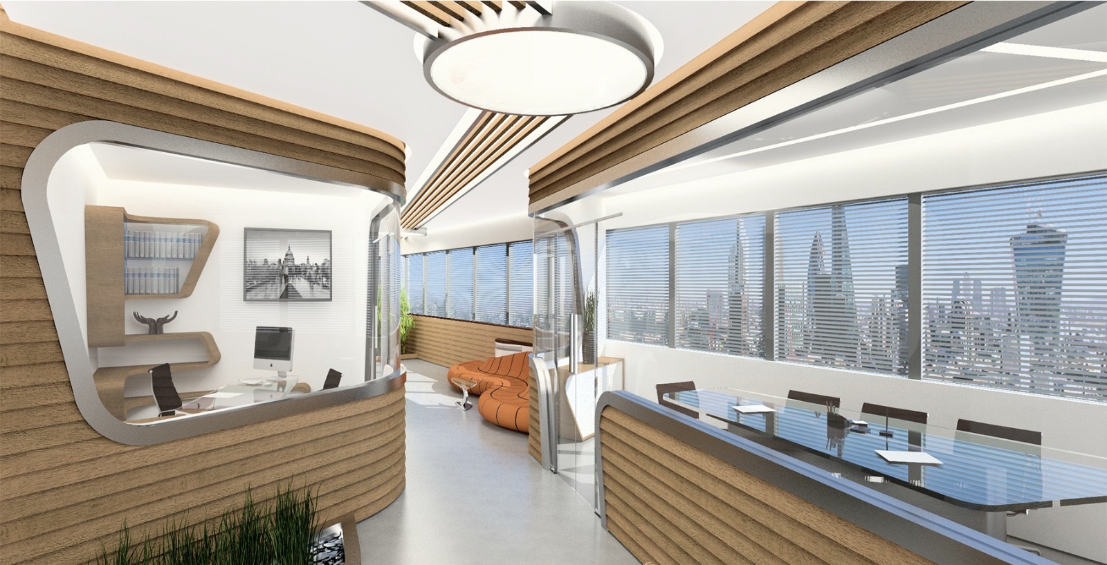 Boardroom table alongside glazed meeting rooms with skyline views