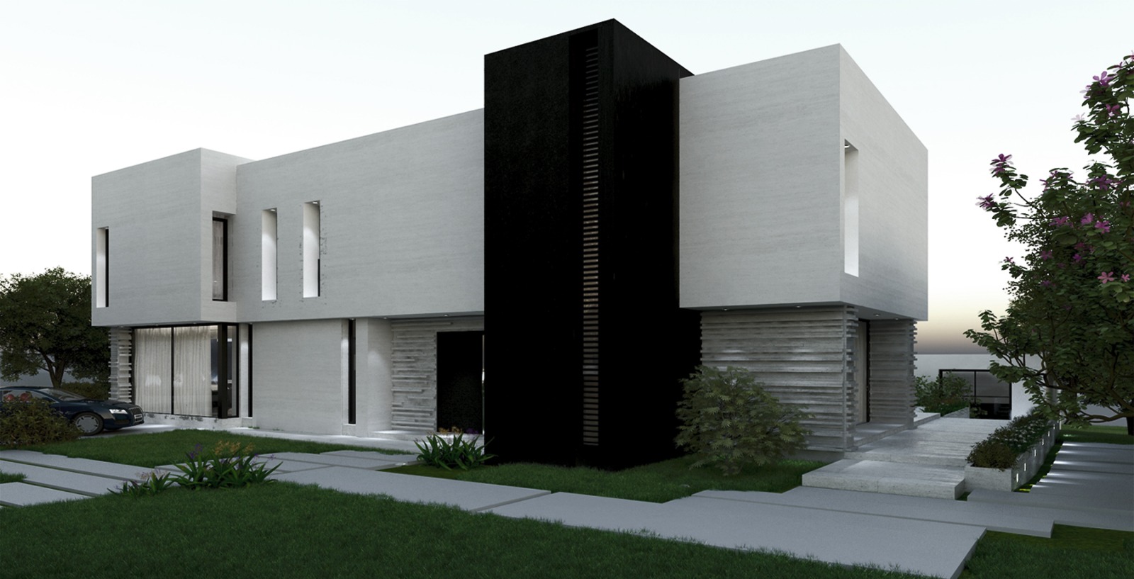 Modern white villa exterior with landscaped garden at dusk