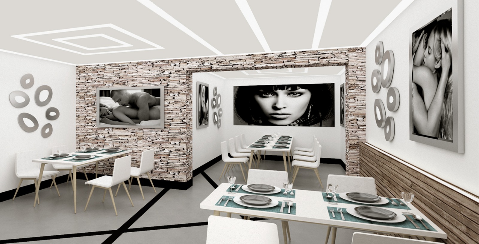 Dining room with stone-clad archway and large-format portrait