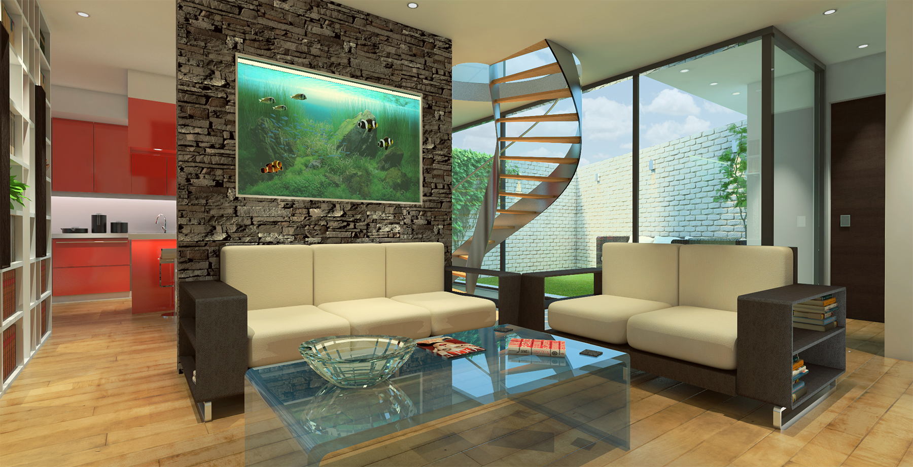 Living room with stone wall aquarium and courtyard view