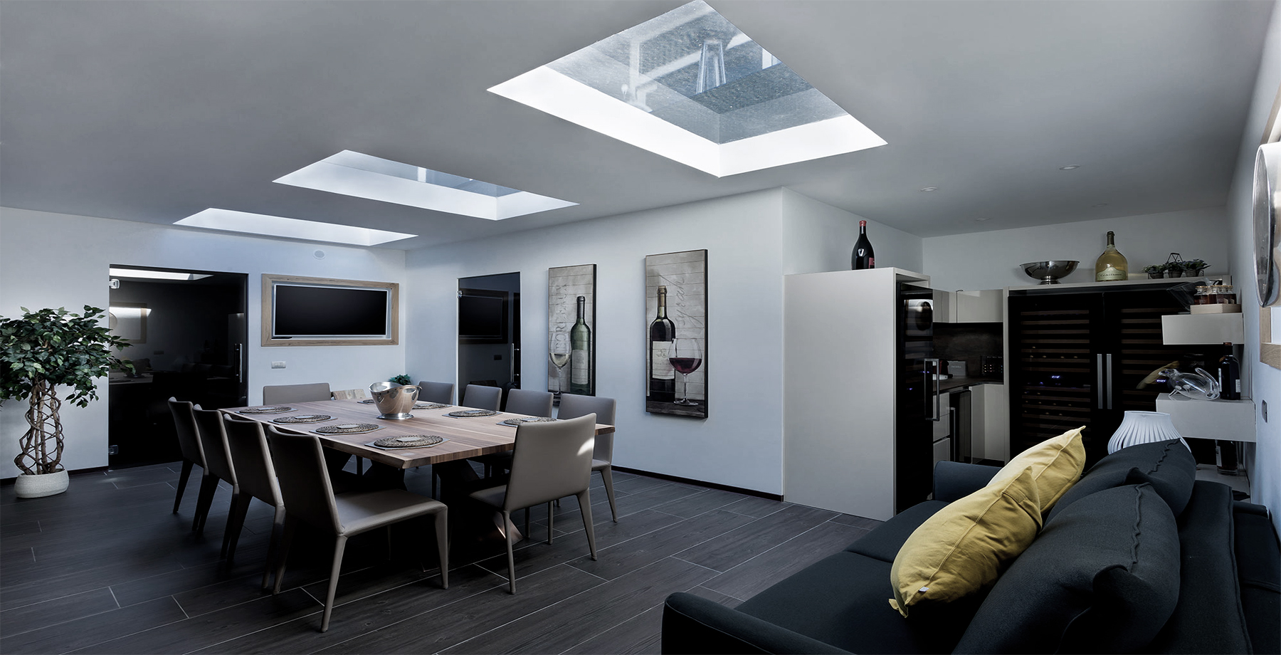 Basement dining room with skylights