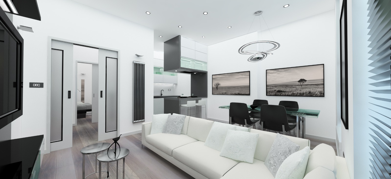 Living room with sculptural pendant and dining area