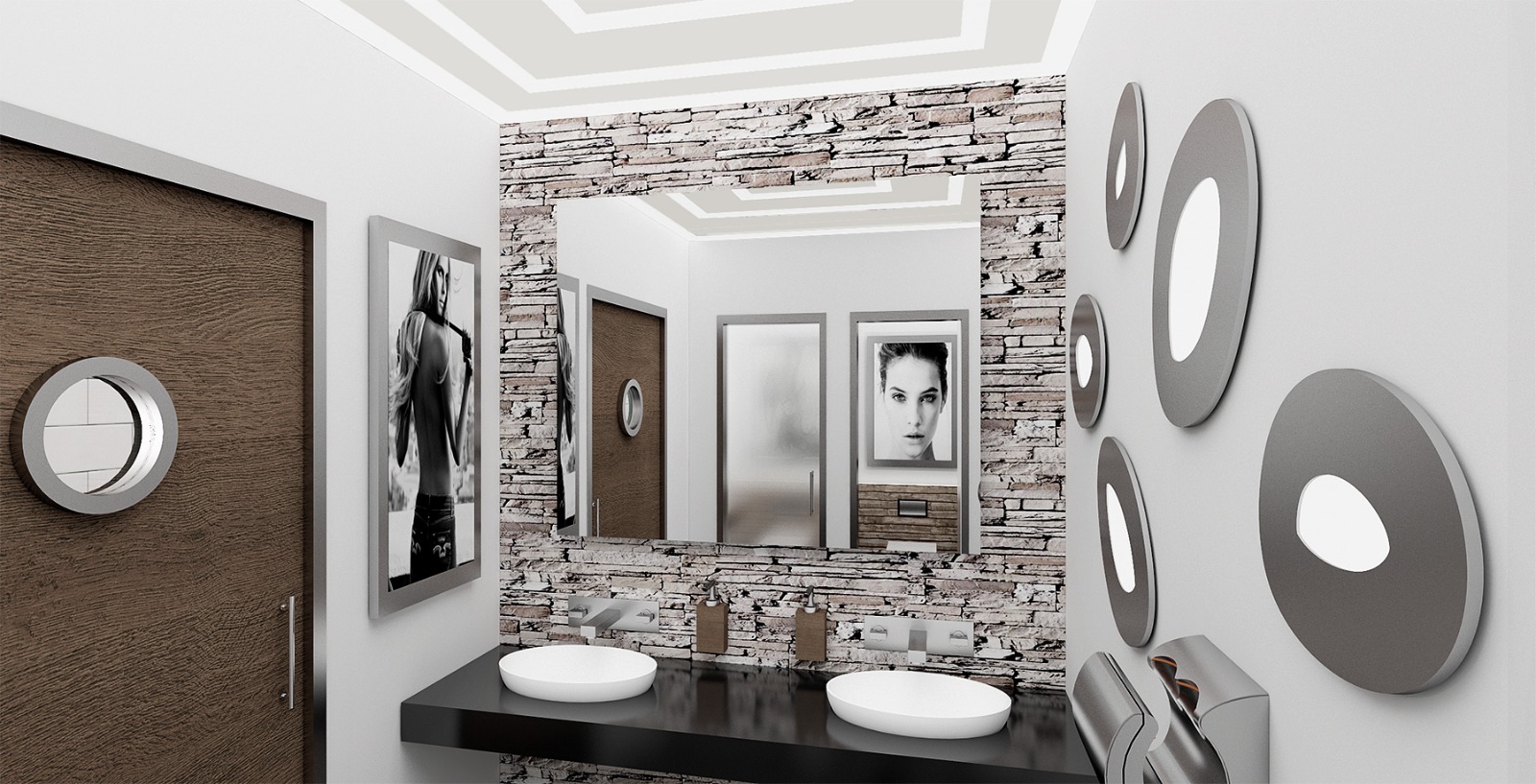 Washroom with stone feature wall, twin vessel basins and mirror