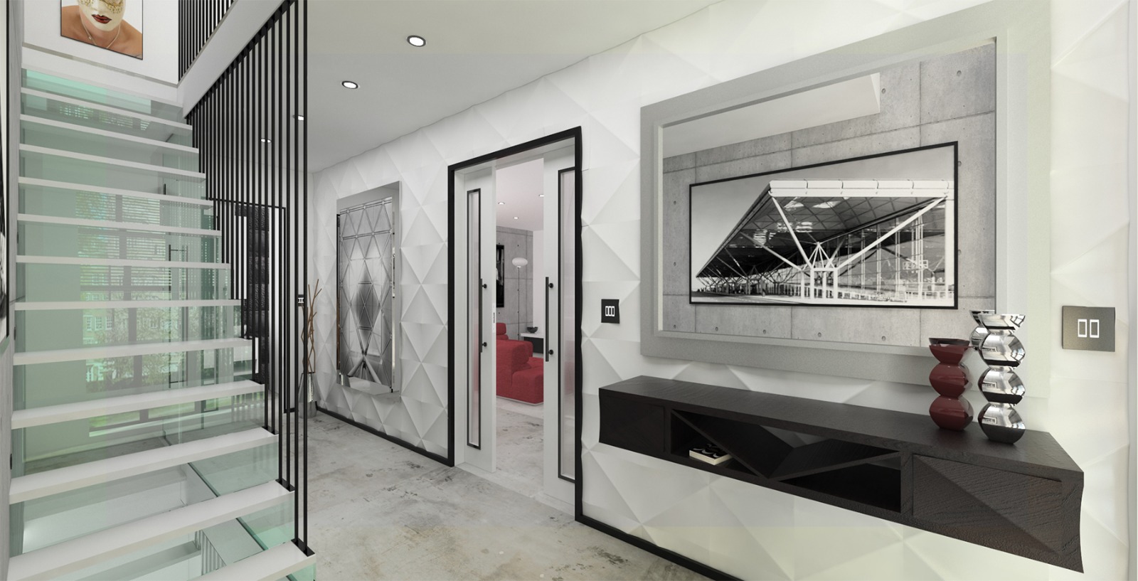 Entrance hall with faceted wall panelling and glass stair