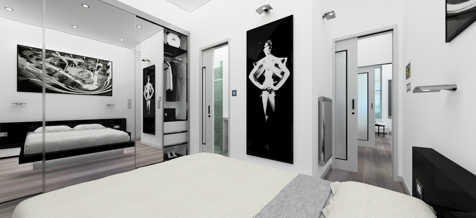 Second bedroom with mirrored joinery and artwork