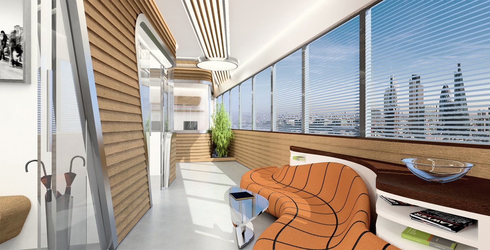 Waiting lounge with orange seating and a panoramic City skyline window